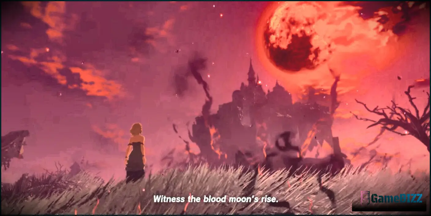 Die Legende von Zelda Tränen des Königreichs, der Blutmond steigt, während Zelda unten zuschaut