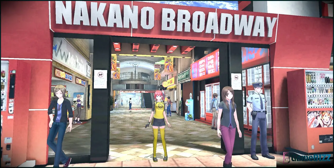 Digimon Story Cyber Sleuth weibliche Protagonistin im Nakano Broadway -Eingang steht