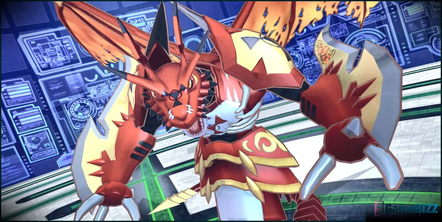 Megidramon von Digimon Story Cyber Sleuth posiert und bedrohlich in der Kamera, Arme, die an die Seiten ausgestreckt sind
