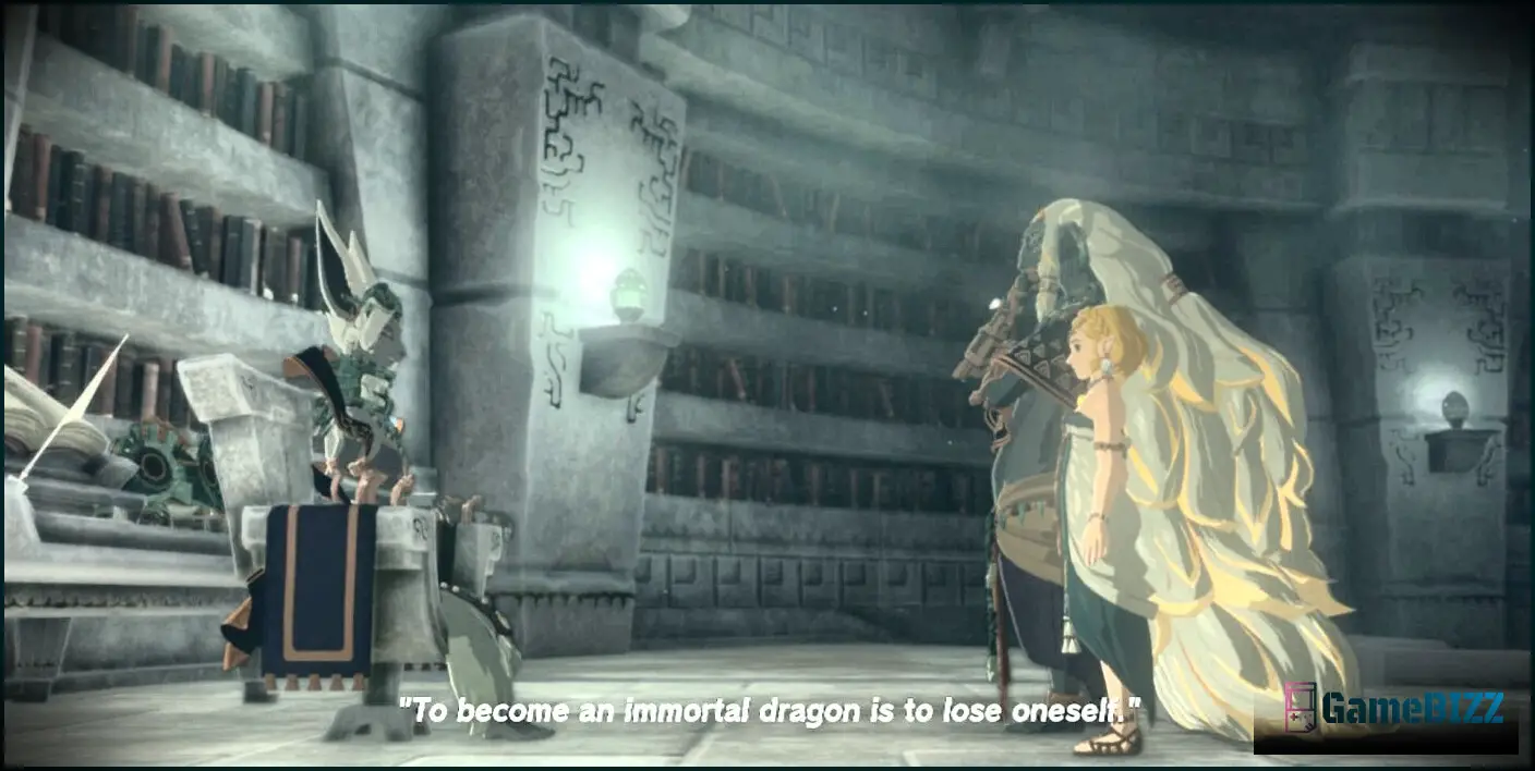 Legende von Zelda Tränen des Königreichs, Mineru mit Rauru und Zelda, über den unsterblichen Drachen durch den geheimen Stein zu werden
