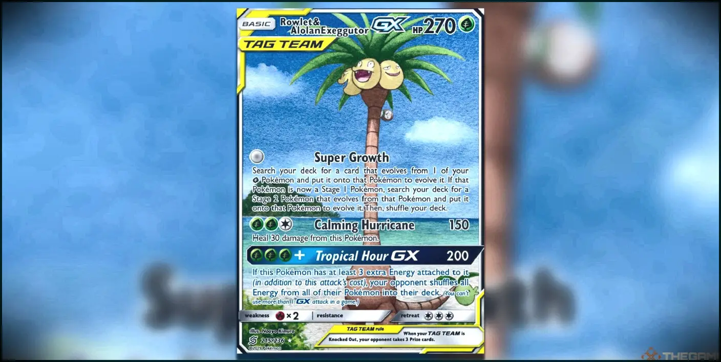 The Rowlet & Alolan Exeggutor GX Unified Minds Alt Art in the Pokemon TCG.