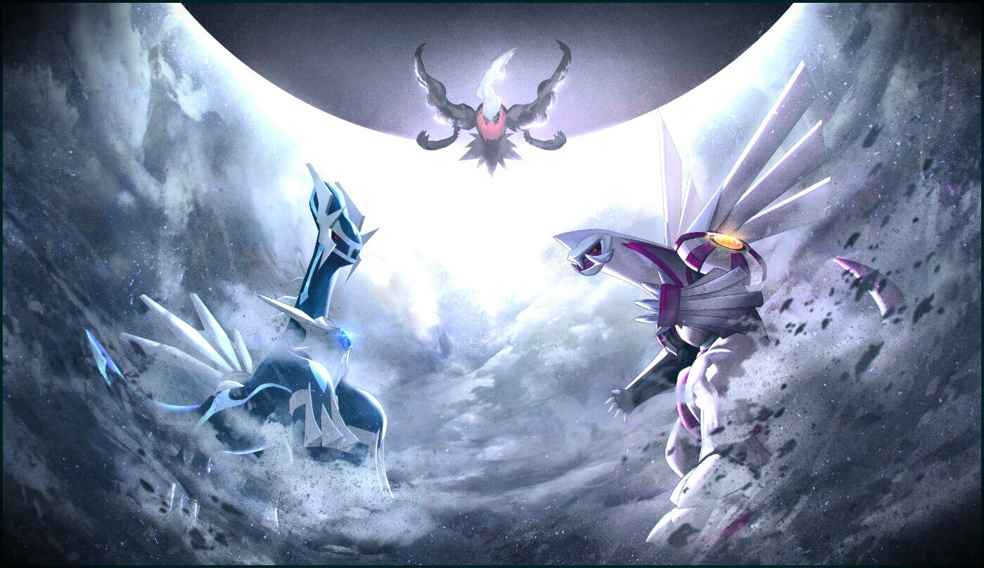 Artwork of Dialga, Palkia, and Darkrai in front of a large hole.