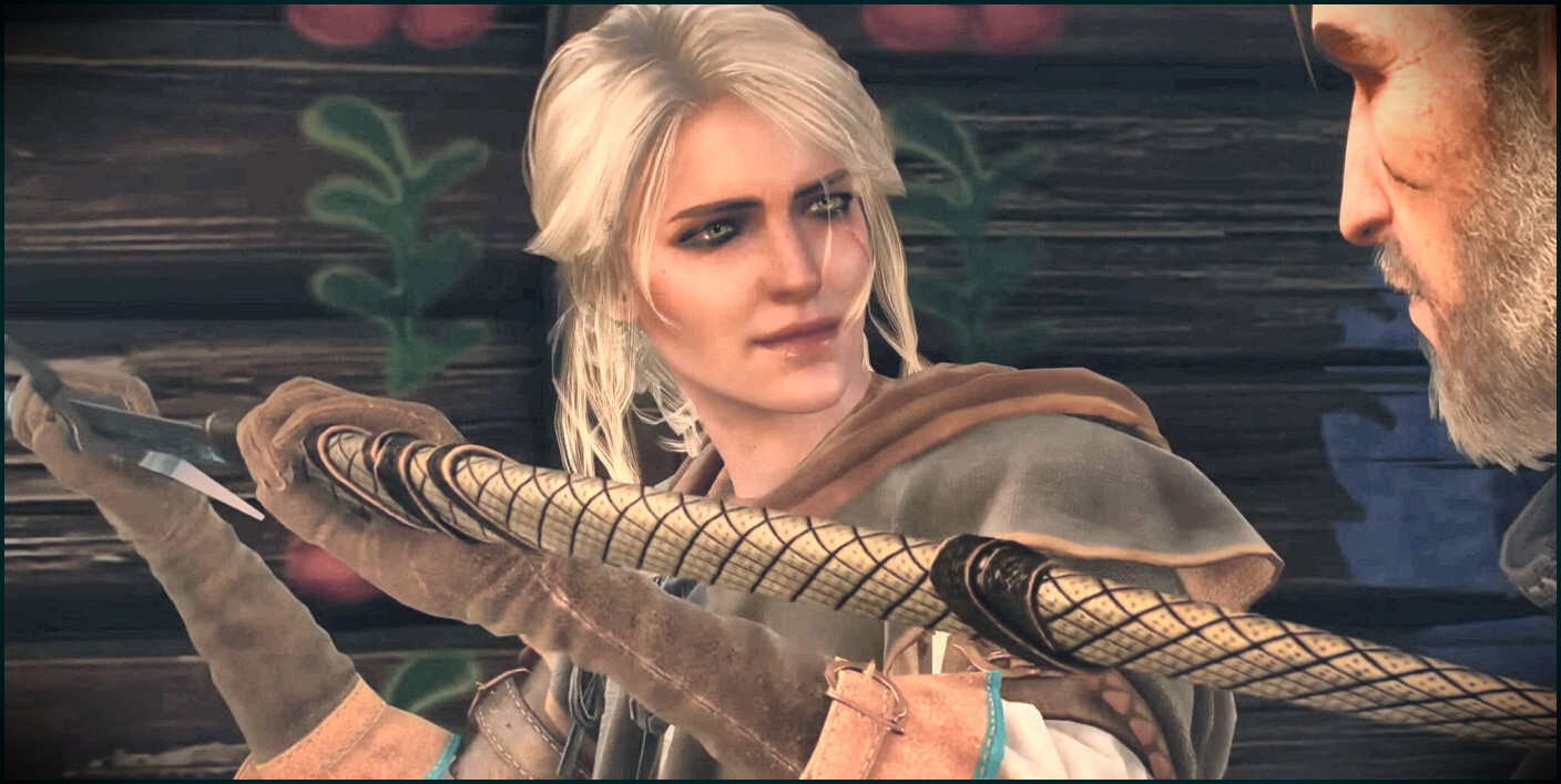 Ciri holding a sword in a scabbard while talking to Geralt