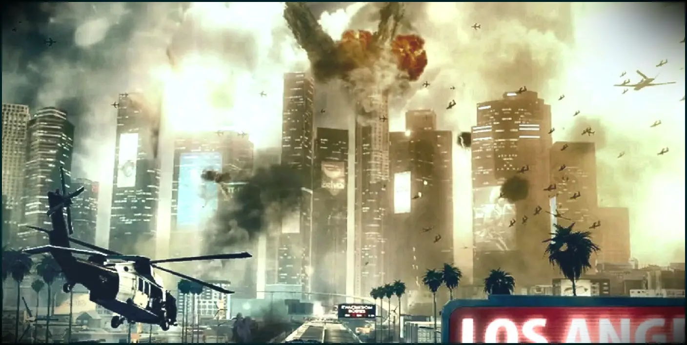 Black Ops 2 screenshot of helicopters flying towards a war torn Los Angeles.